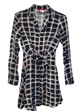 Vintage 1990's Esprit Black White Block Floral Dress Medium Button up Belted